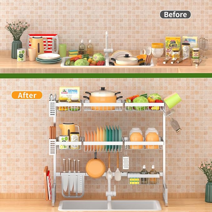 PUSDON Over Sink Dish Drying Rack Stainless Steel, Adjustable Large Dish Drainer for Storage Kitchen Organization Silver 3 Tier - Standard(34"-46")