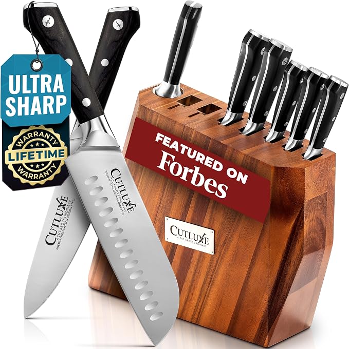 Cutluxe Kitchen Knife Set, 8-Piece Chef Knives with Acacia Wood Block | Razor Sharp Full Tang Blades, High Carbon German Steel – Artisan Series, Professional
