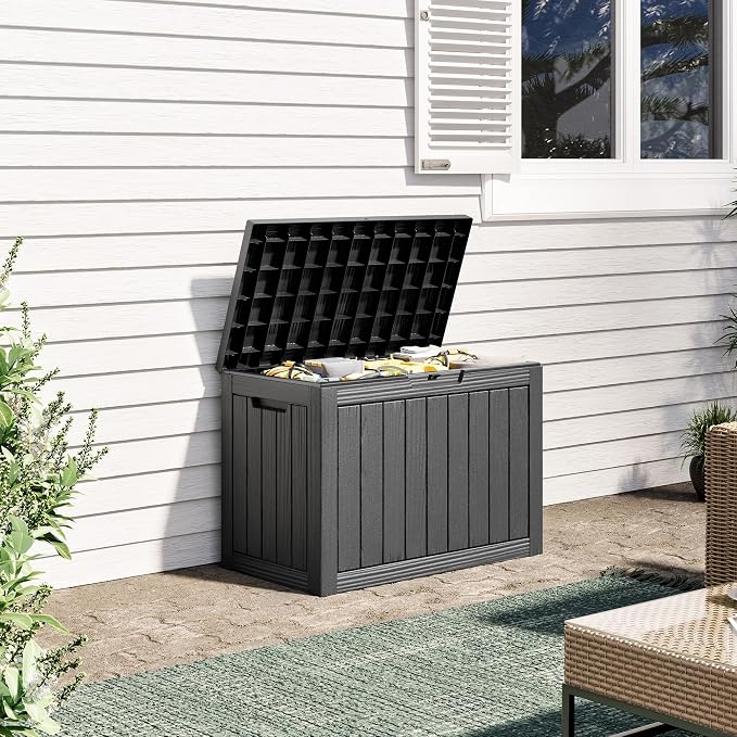 55 Gallon Outdoor Storage Box, All-Weather Resin Deck Box Outdoor Waterproof with Lockable Lid for Patio Cushions, Package Deliveries, Garden Tools, Pool Supplies, Black