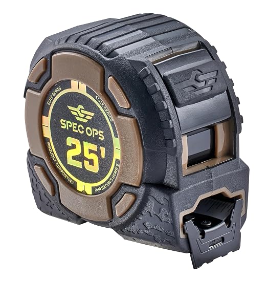 Spec Ops Tools Elite Series Tape Measure for Measuring & Layout, 1 1/4" Double-Sided Blade, Heavy Duty Military-Grade Composite Case, 25 Foot Non-Magnetic
