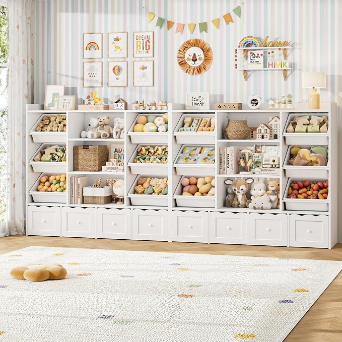 HITHOS 55" W Kids Toy Storage Organizer with 10 Toy Box & Book Shelf, White | Large Toy Organizers and Storage with Kids Bookshelf & 6 Plastic Toy Chests & 4 Movable Drawers for Kids Room, Playroom