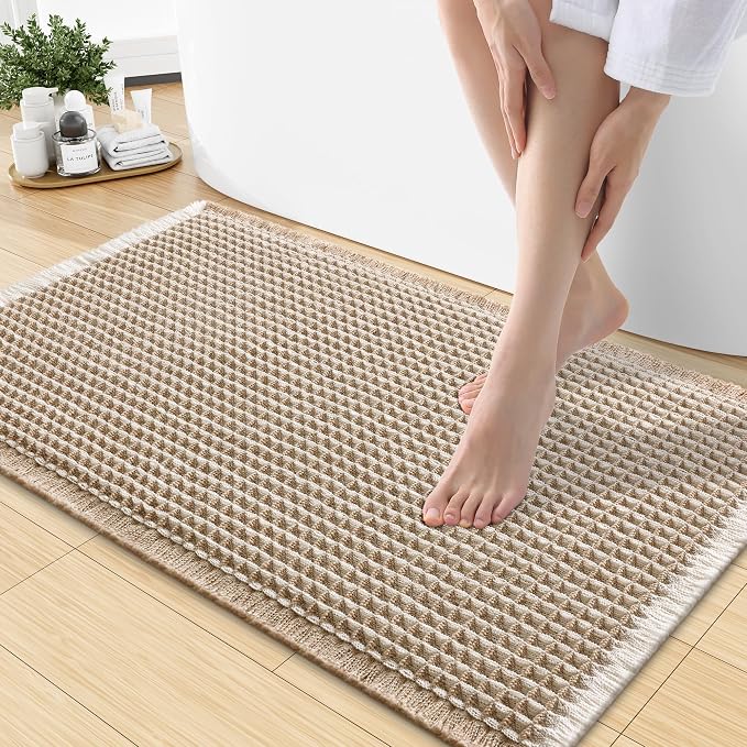 Smiry Waffle Bath Mat 30x18, Extra Soft Absorbent Bathroom Rugs, Non Slip Machine Washable Quick Dry Bath Rugs for Bathroom Floor, Tub, Shower, Home Decor Accessories, Brown & Cream
