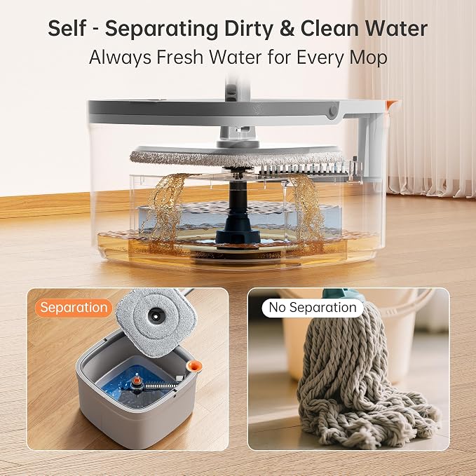 Spin Mop and Bucket Set with Self Separation Dirty and Clean Water System, Self Wringing 360° Rotating Square Mop Head for Home Floors Cleaning (1.0 Mop and Bucket Set (6 Pads))