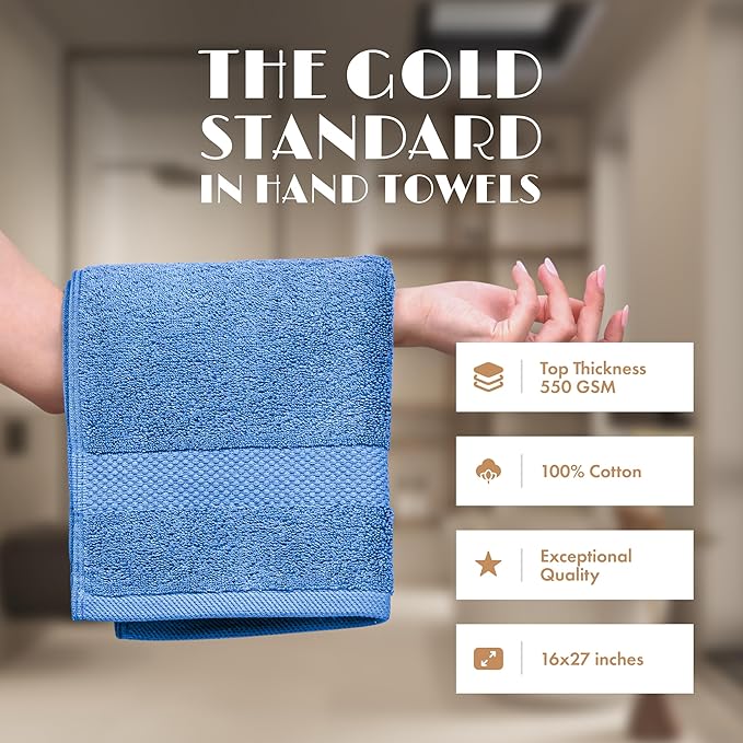 White Classic Light Blue Hand Towels for Bathroom [12 Pack] Cotton Hand Towel Bulk for Gym, Kitchen and Spa, 16x27 Inches Soft Highly Absorbent Quick Dry Terry Salon Towels