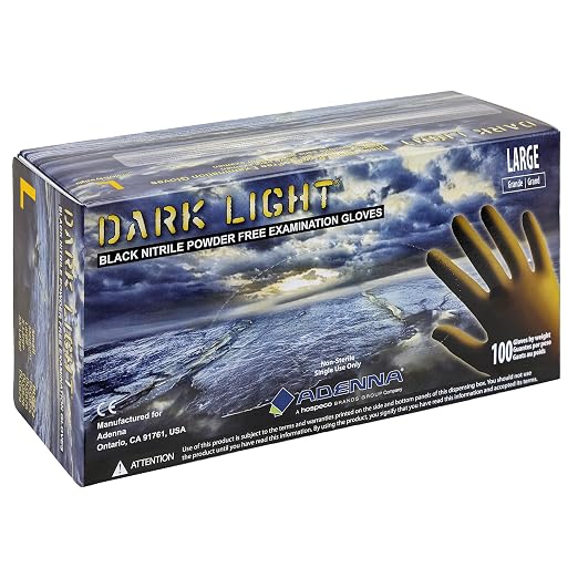 Adenna Dark Light 9 mil Nitrile Powder Free Exam Gloves (Black), Large - Box of 100 (DLG676)