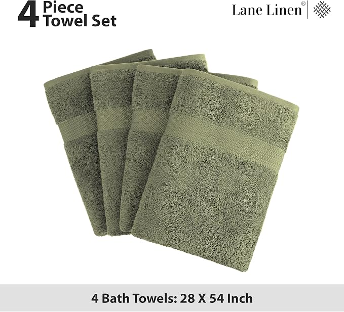 LANE LINEN Bath Towel Set 100% Cotton 4 Piece Soft Absorbent - Oil Green | Shower Towels - Generously Sized, Oversized & Roomy, Lightweight & Breathable, Fade-Resistant Color, Classic Terry Weave