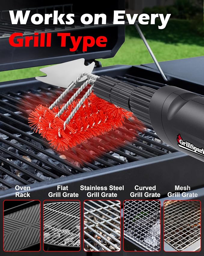 Electric Grill Brush – Long Handle, Innovative Reciprocating Motor Grill Cleaner (600/720 Strokes/min), Powerful Cleaning, 3 Interchangeable Brush Heads, Ideal BBQ Gift for Dads & Grill Lovers