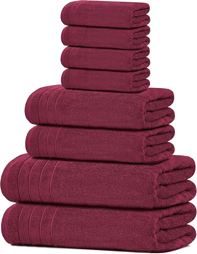 Tens Towels 8 Piece Towel Set, 2 XL Bath, 2 Hand, 4 Washcloth, Burgundy | 100% Cotton, Lighter Weight, Quicker to Dry, Super Absorbent, Perfect for Bathroom