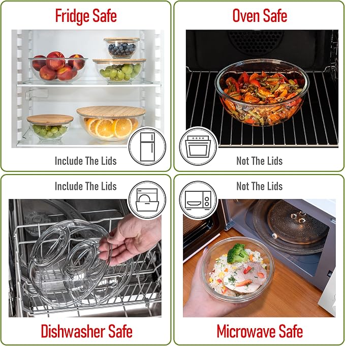 Stackable Space-Saving Set of 5 Nesting Glass Bowls with Bamboo Lids for Foodprep, Storage, Baking, Mixing & Cooking, Microwave & Oven Safe BPA Free Heat Resistant Inert Borosilicate Glass