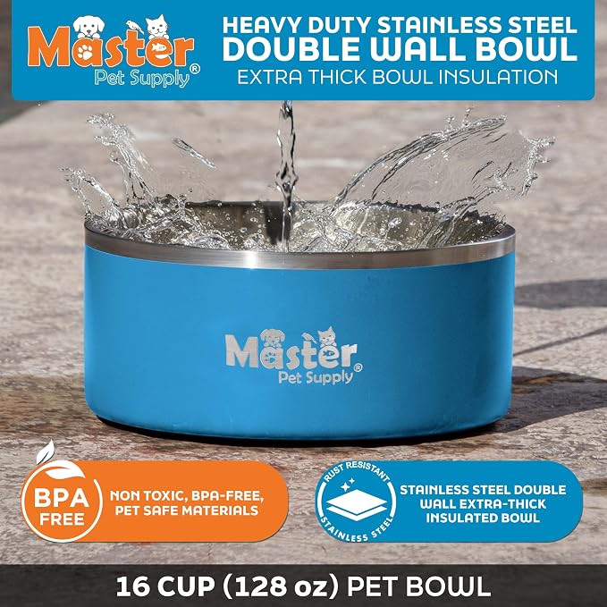 Master Pet Supply Stainless Steel Dog Bowls - 128 oz, Heavy Duty - True Blue, Double Wall Extra-Thick Insulated, Non-Slip Pet Water Bowl for Dogs, Cats & Pets, Anti Rust Metal, Dish Washer Safe