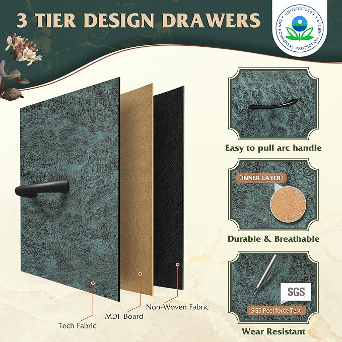 WLIVE Wide Dresser for Bedroom, 5 Drawer Chest of Drawers, Vintage Green | 5 roomy fabric drawers, Wide storage design, Bedroom or closet use, Sturdy steel frame, Smooth wood tabletop