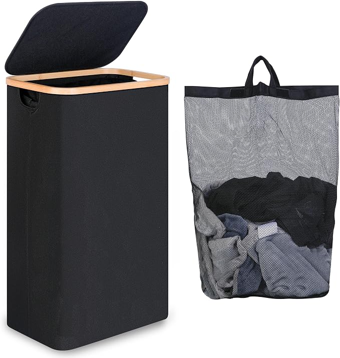iEGrow 75L Slim Laundry Hamper, Narrow Laundry Basket with Lid,Foldable Clothes Hamper with Bamboo Handles,Hamper Basket with Removable Inner Bag for Laundry Room Bedroom College Dorm,19.8 Gals Black