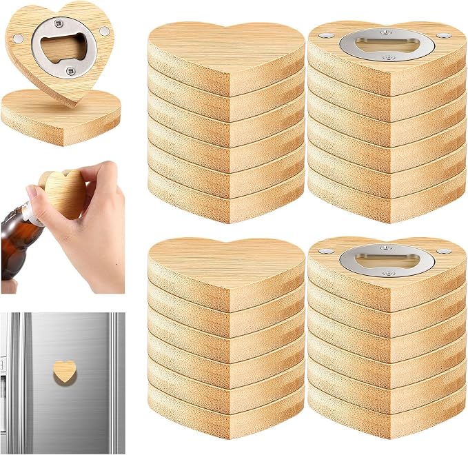 Vesici 24 Pcs Magnetic Bottle Opener 2.5in DIY Bamboo Heart Shape Beer Openers Wooden Fridge Magnet Refrigerator Sticker Gift for Beer Lover Wedding Guest Kitchens Bars Parties