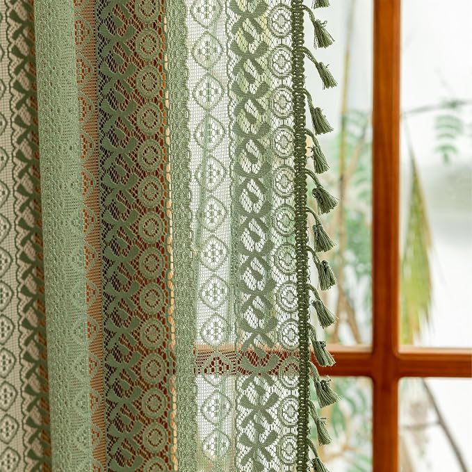 Sutuo Home Olive Green Boho Lace Curtains 84 Inches Long for Living Room&Bedroom, Bohemian Sheer Crochet Farmhouse Vintage Tassels Retro Christmas Privacy Window Curtains Rod Pocket,2 Panels 50" W