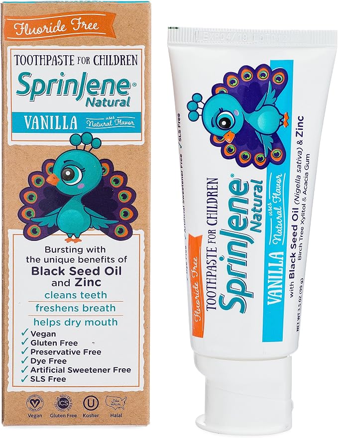 SprinJene Natural Children’s Toothpaste – Fluoride Free Vanilla Toothpaste for Toddlers & Kids – Gentle Safe Natural Formula with Patented Black Seed Oil & Zinc – Made in the USA (1 Pack)