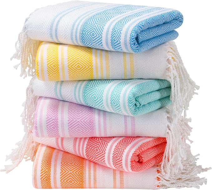Genovega 6 Packs Oversized Turkish Beach Towel 74"x38" Thin Quick Dry Sand Free Pool Swim Towels Large XL Adult Clearance Blanket Travel Vacation Accessories Essentials Multi LightBlue Rhombus
