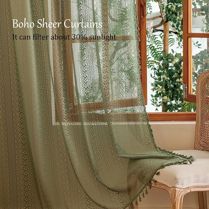Sutuo Home Boho Lace Sheer Curtains 2 Panels for Bedroom Home Office, French Country Privacy Vintage Chic Drape Tassels Cottage Rustic Geometry Rod Pocket Christmas Decor, 50" x 108" Olive Green
