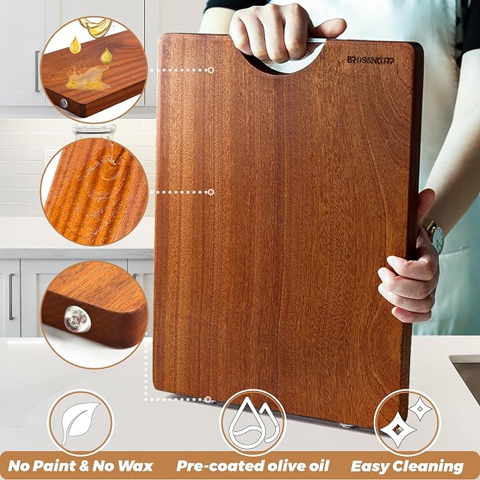Brosisincorp Sapele Wood Cutting Board One Piece No Glue 14.17"L*9.45"W | Real Solid Whole Single Hardwood, Pre-Oiled Non Toxic No Joint, Reversible Heavy Duty Thick, Edge Grain Without Juice Grooves