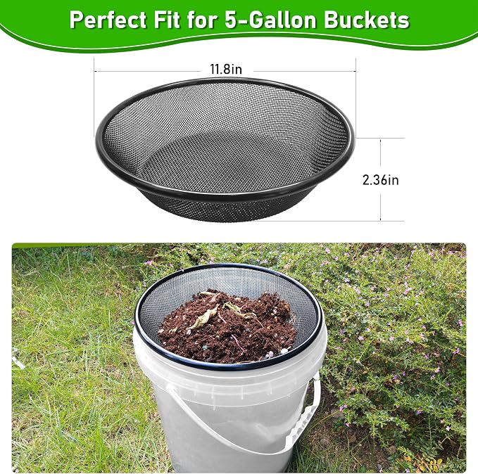 11.8" W Soil Sifter for Gardening, 2mm Grid Rock Sifter for 5 Gallon Bucket, Stainless Steel Fine Dirt Sifter, Compost Sifter for Capturing Dirt, Sand, Rocks, and Filtering Compost (Black)