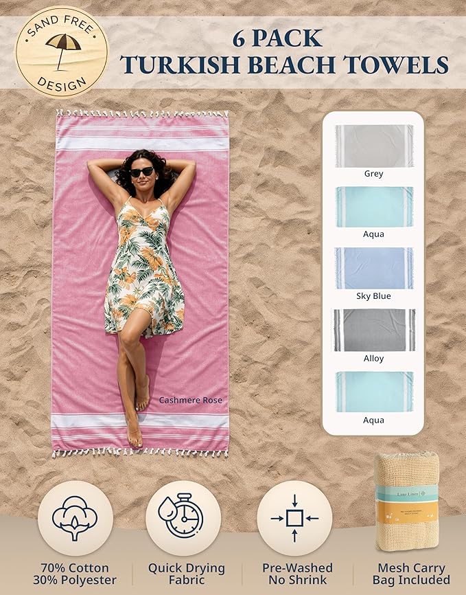 LANE LINEN Beach Towels 6 Pack, Oversized Beach Towel, XL - Nautical Color | Lightweight Beach Essentials for Women - Large Pool Towel, Absorbent & Quick Dry - 39"x71", Vacation Essential, Everyday Use
