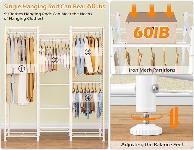 HOMIDEC Wardrobe Closet, 4 Hanging Spaces Portable Clothes Rack,Free Standing Closet Organizer and Storage System with Hanging Rods,Clothing Rack Suitable for Cloakroom,Bedroom,Entrances,etc.White