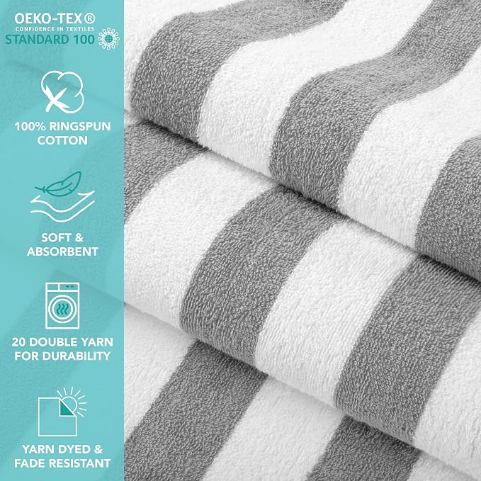 Arkwright California Cabana Stripe Beach Towel Bulk - Pallet of 480, Large Soft Quick Dry 100% Cotton Terry Towels Set for Pool, Swim, and Hot Tub, Oversized 30 x 70 in, Grey