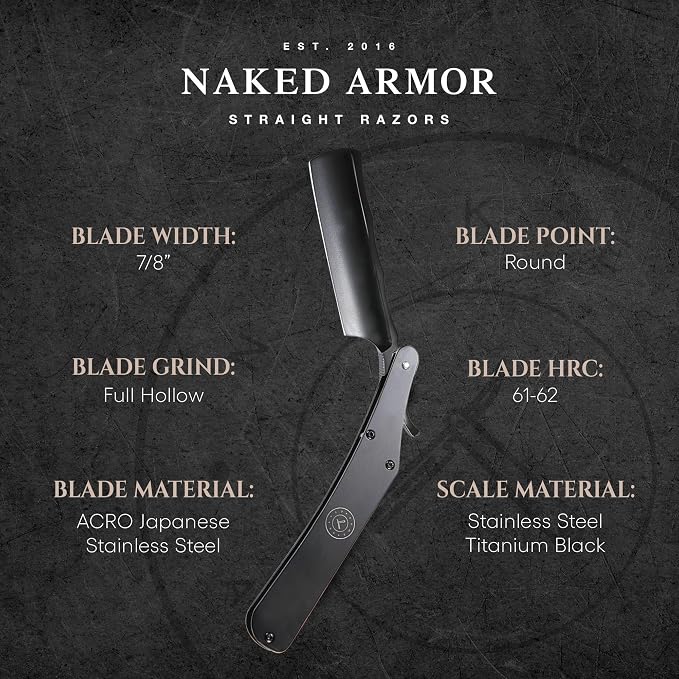 Naked Armor Lancelot Straight Razor Kit, Black Japanese Stainless Steel Set | 7-Pc Shave Ready Wet Shaving Kit, 7/8" Barber Straight Edge Razor Set, Strop, Paste, Brush, Soap, Sheath, Box, Gifts for Men