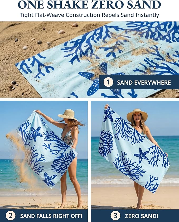 LANE LINEN Beach Towel 2 Pack, Super Absorbent, Pre-Washed - Turtle & Coral | Oversized Beach Towel 39"x71" - Lightweight Beach Essentials for Women - Large Pool Towel, Absorbent & Quick Dry, Pre-Washed