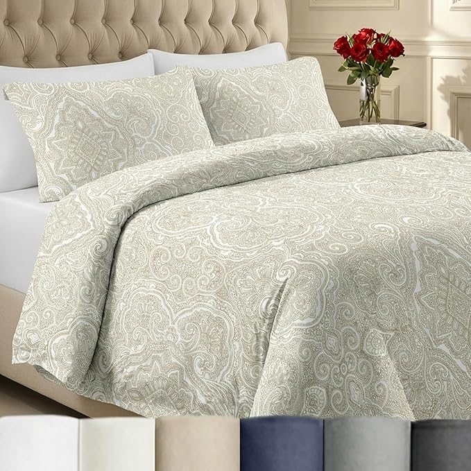 California Design Den Full/Queen Size Duvet Cover Set, 400 Thread Count 100% Cotton, Sateen Comforter Cover & 2 Pillow Shams Bedding Queen Size Set, Button Closure, Corner Ties (Paisley Beige)