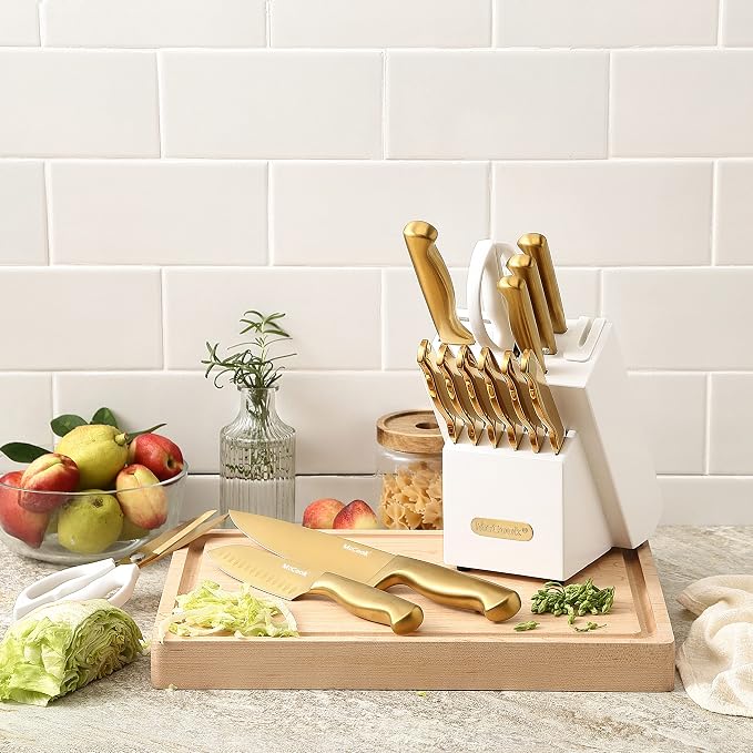McCook Knife Set Gold Kitchen Knife Block Set w Built-in Sharpener | German Forged Stainless Steel,15 PC,Razor Sharp,Anti-Rust, Ergonomic Handles,Full Tang,Elegant Gold, Gift Box