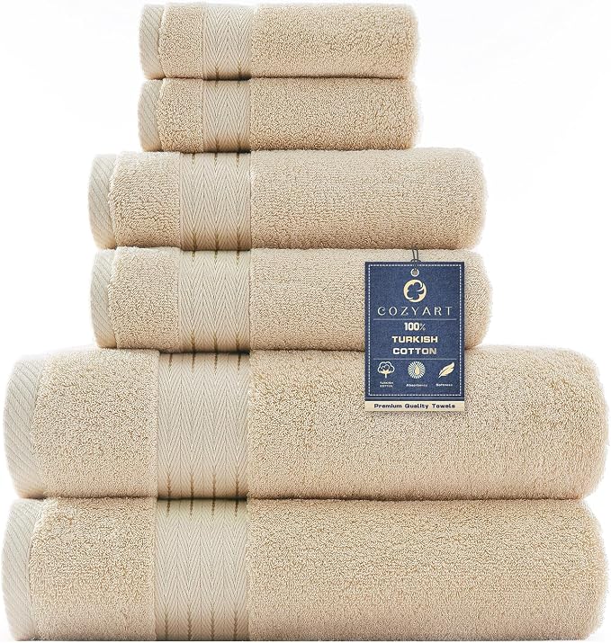 COZYART Luxury Bath Towel Set 6 Pcs, Beige 100% Turkish Cotton 650 GSM | OEKO-Tex 100 Certified Zero Twist Ring Spun, Soft Absorbent Quick Dry, Plush Fluffy, Breathable Hotel Quality for Daily Use
