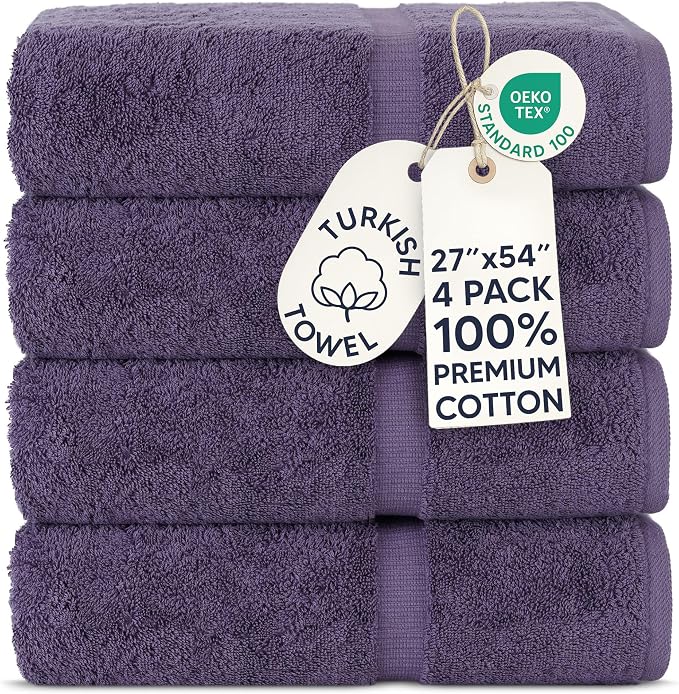 Chakir Turkish Linens 4 Piece Bath Towel Set, 100% Cotton Luxury Turkish Towels for Bathroom, Soft Absorbent Bath Towels, 27 x 54 Inches, Plum