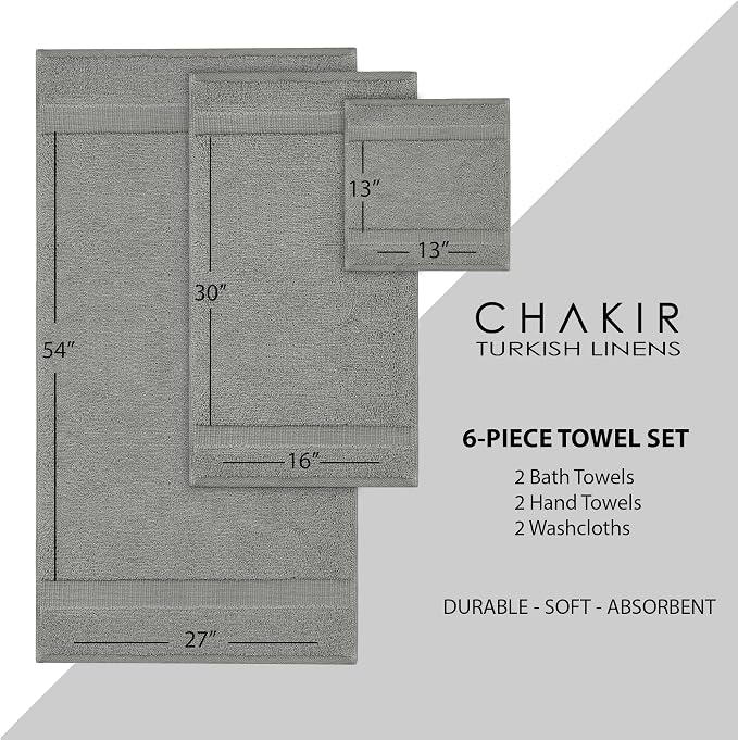 Chakir Turkish Linens 6 Piece Towels Set, 100% Cotton Luxury Turkish Towels for Bathroom, Soft Absorbent Bath Towel Set with 2 Bath Towels 2 Hand Towels 2 Washcloths, Gray