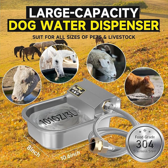PETIMI Automatic Water Dispenser for Dogs, 101oz Outdoor Dog Water Bowl, 304 Stainless Steel Water Feeder for Small to Large Pets, Large Livestock Waterer, Anti-Tipping, Water Auto-Fill, Easy to Clean