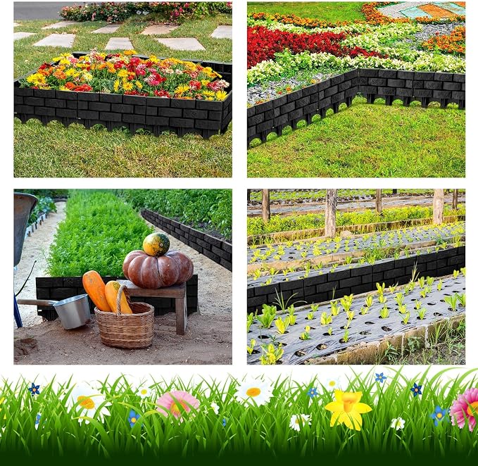 8 Pcs Black Imitation Stone Garden Fence, Faux Stone Retaining Wall Look Garden Bricks Border with Ground Stakes, 17.3 x 12.6 in Plastic Edging Blocks for Flower Beds, Lawn, Mulch