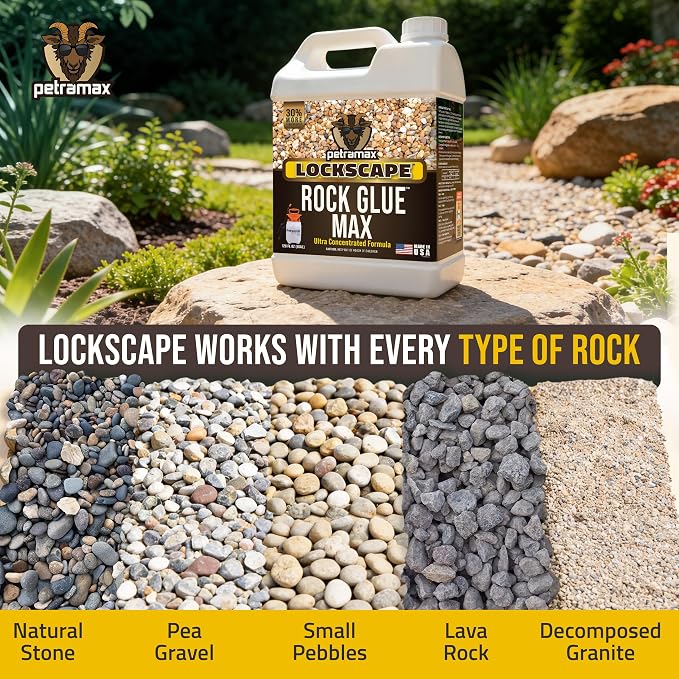 Petra Max Rock Glue for Landscaping, 1 Gallon - Wide Coverage & Pet Safe Mulch Glue for Rocks - Lockdown Gravel/Pebbles/Stones - Sticky Clear Gravel Binder & Decomposed Granite Stabilizer