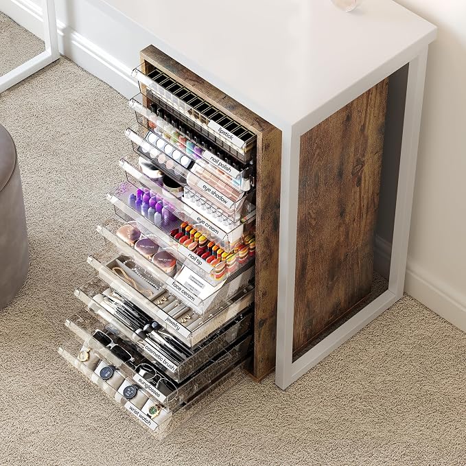 WOPITUES Storage Drawer Cart, Mobile Storage Cabinet, Makeup Storage with 10 Large Clear Drawers, Utility Wooden Rolling Cart on Wheels, for Cosmetic, Art Craft, Office Supplies, Toy, Brown