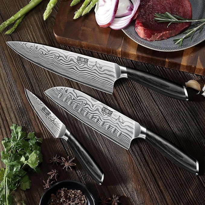HOSHANHO 3 Pcs Knife Set, Professional Kitchen Knife Set, Pakkawood Handle | Ultra Sharp Chef Knives Set for Kitchen High Carbon Powder Steel, Japanese Cooking Knife Set with Elegant Gift Box