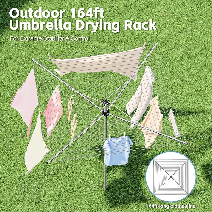 164Ft Outdoor Umbrella Clothes Drying Rack, 67.52" H | Collapsible 4-Arm Rotary Clothesline For Lawn, Garden & Backyard, Metal Frame For Outdoor Natural Laundry Drying