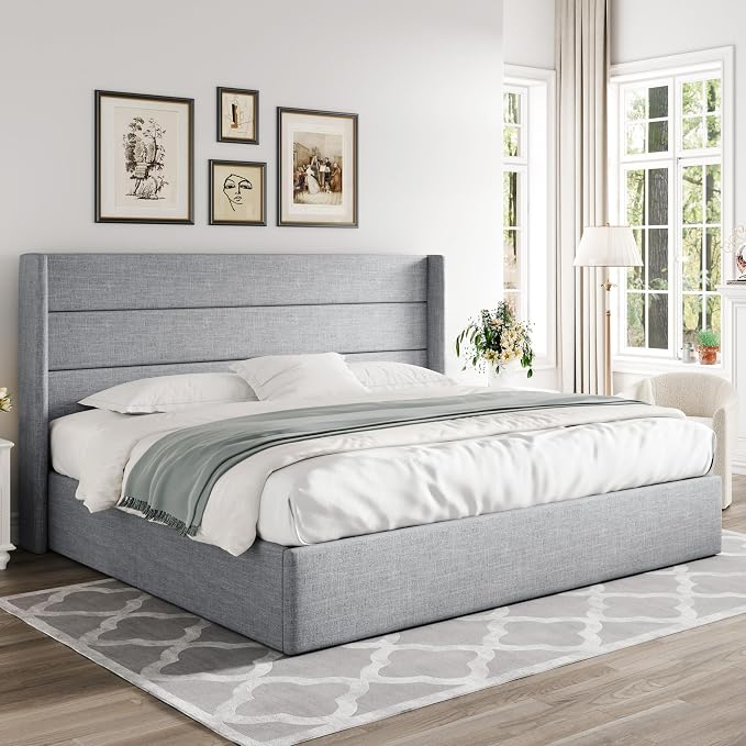 Allewie King Size Lift Up Hydraulic Storage Bed Frame Light Grey | Modern Wingback Headboard, Hydraulic Support Storage, No Box Spring Needed