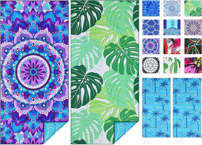 TwoYek Microfiber Beach Towel Extra Large 71x32 Mandala Leaves 2 Pack | Thin & Lightweight, Sand Free, Super Absorbent & Quick Dry, Oversized Towels for Beach Bath Pool Swim Travel Essentials Gift