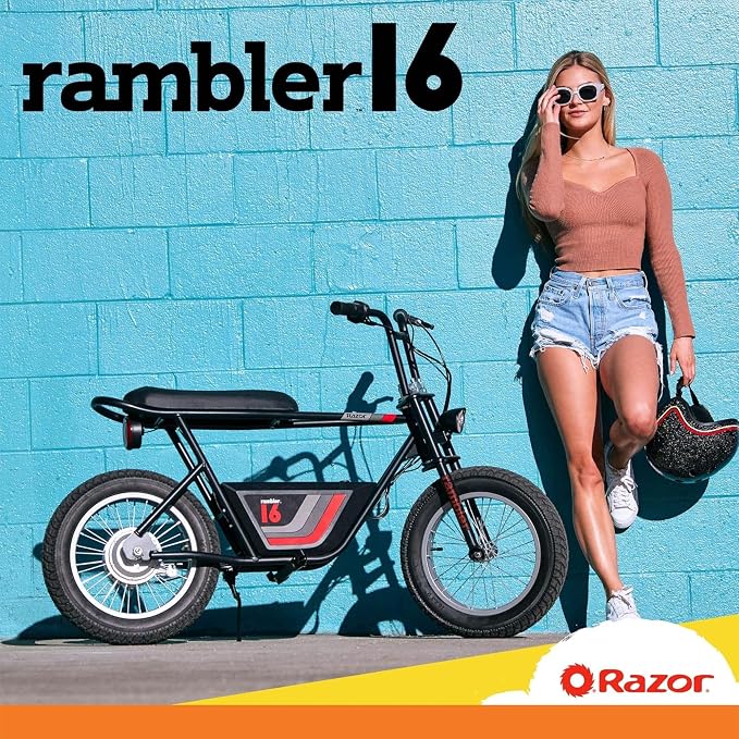 Razor Rambler 16 – 36V Electric Minibike with Retro Style, Up to 15.5 MPH, Up to 11.5 Miles Range, Wide, Rugged 16" Air-Filled Tires, Powerful 350 Watt Hub-Driven Motor | 140 lb Max Weight – 24V Battery, Up to 14 Mph, 30-Min Ride Time, Twist-Grip Throt...