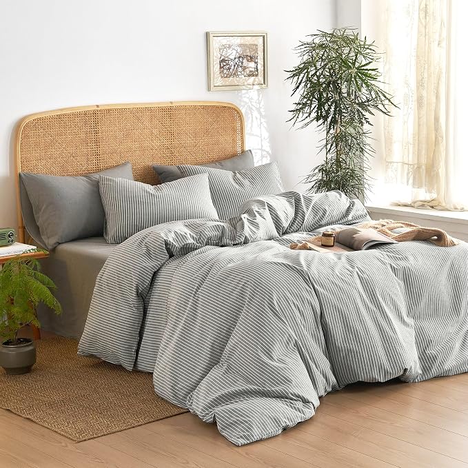 Wake In Cloud - Striped Cotton Duvet Cover Set, 100% Washed Cotton Textured Bedding Set, Ticking Stripe Pinstripe Farmhouse, 3 Pieces, Grey, Queen Size