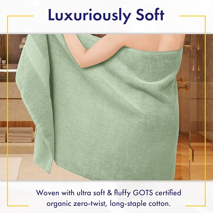 Alusa Home 100% Organic Zero-Twist Cotton Towels - GOTS Certified Luxury Bath Towels - Ultra Soft & Plush 700GSM Long-Staple Cotton - 6 Piece Towel Set (Eucalyptus Green)