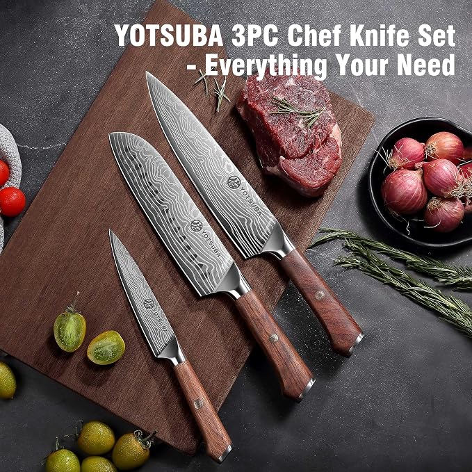 YOTSUBA 3 PCS Japanese Kitchen Knife Set, Razor Sharp High Carbon Stainless Steel Chef Knives with Ergonomic Natural Rosewood Handle, Premium Gift Box for Home & Restaurant Use