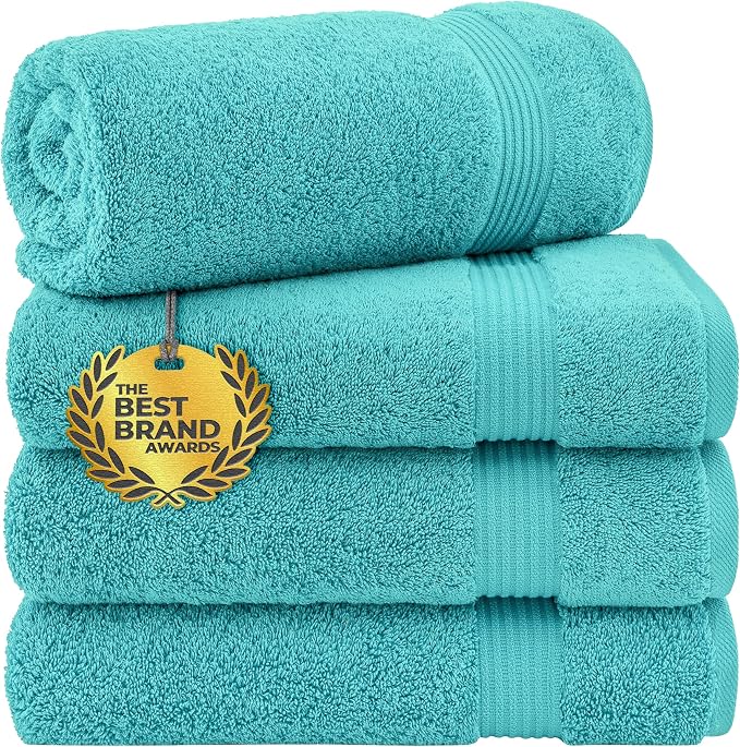 Cotton Paradise 4 Piece Turkish Bath Towels for Bathroom, 100% Cotton Extra Large Soft Plush Towels Bathroom Set, Turquoise