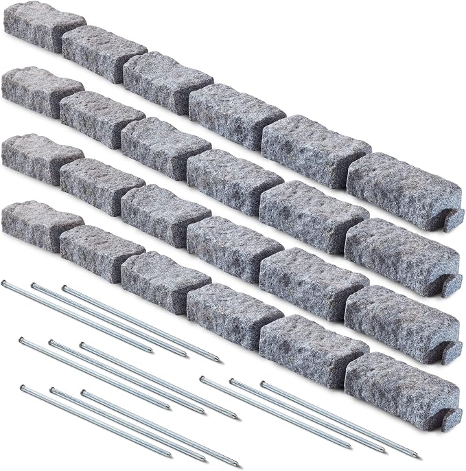 Landscape Edging | Garden Edging Border | Polyrock Bricks for Lawn Edging, Flower beds, Pathways & Yard Edging– 4 Packs | Each Section Has 6 Bricks 48" L x 4" W x 2.25" H | 12 Spikes |Greystone