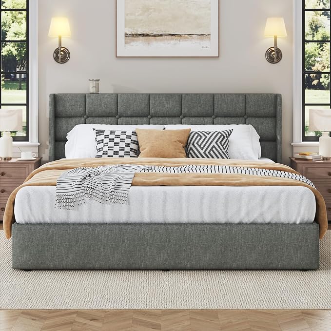 HISOFT King Size Lift Up Storage Bed Frame, Linen Upholstered Platform Bed with Wingback Headboard, Heavy Duty Hydraulic Gas Lift Underbed Space, Reinforced Full Metal Slats, Noise Free, Grey