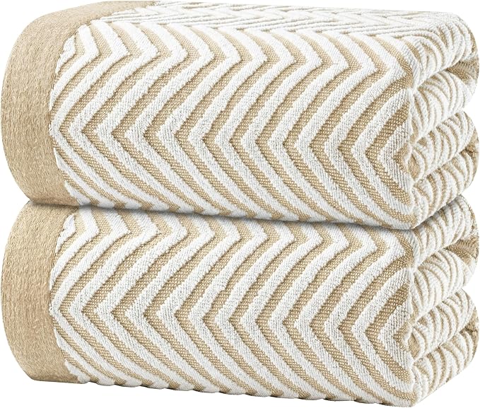 White Classic Cotton Beach Towels Oversized 35 x 70 Inches, Ultra Absorbent and Low Lint Luxury Pool Towels, Chevron Design, Beige, 2 Pack