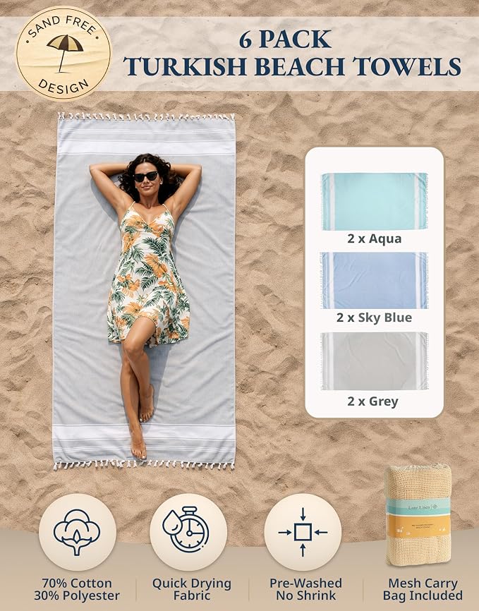 LANE LINEN Beach Towels 6 Pack, Bulk Beach Towels Oversized - Classic Color | Pool Towels for Adults - Pre-Washed, 39"x71", Vacation Essential - Machine Washable, Travel & Camping, Reinforced Hems